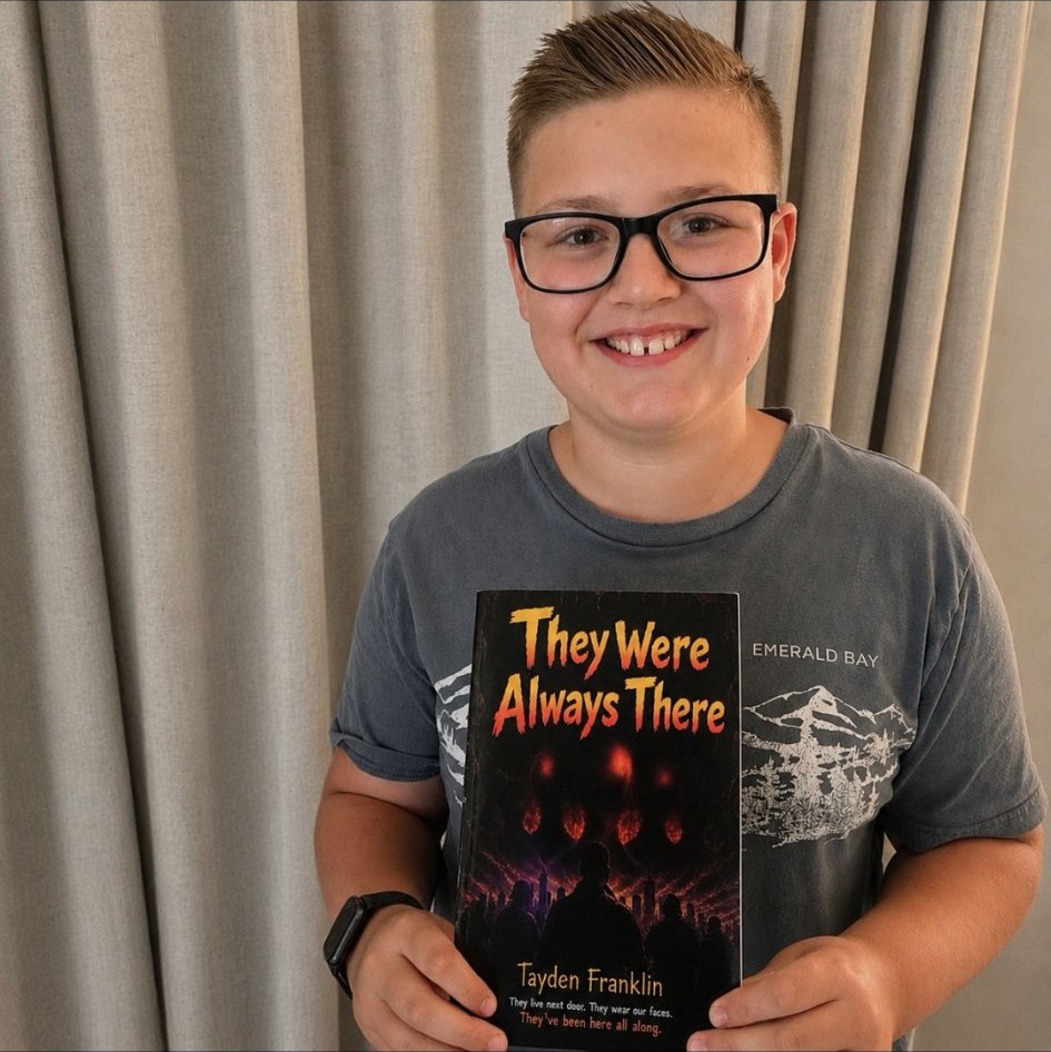 Tayden Franklin holding his published book, They Were Always There