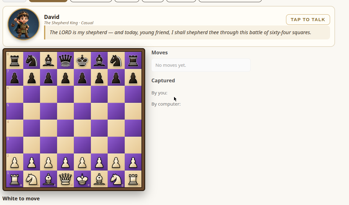 A real Bible Chess match against David, the Shepherd King, on the purple and tan board